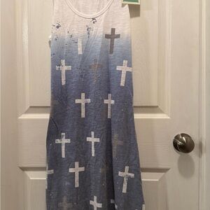 New Roper Blue and White Sleeveless Sundress midi razor back cotton blend Large